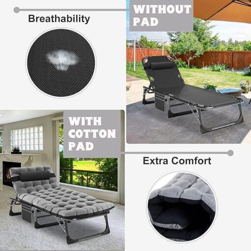Chaise longue extérieure pliable rembourrée – 5 positions réglables – Portable et robuste – Idéale jardin, piscine, camping, terrasse, plage