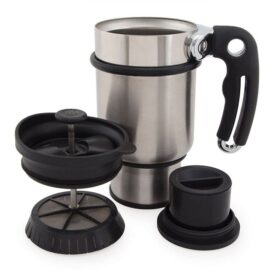 Mug Presse Française de Voyage – Acier Inoxydable 14 oz – Double Filtration – Poignée et 2 Couvercles Inclus