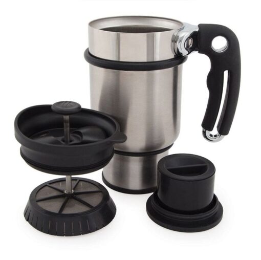 Mug Presse Française de Voyage – Acier Inoxydable 14 oz – Double Filtration – Poignée et 2 Couvercles Inclus Mug Presse Française de Voyage – Acier Inoxydable 14 oz – Double Filtration – Poignée et 2 Couvercles Inclus