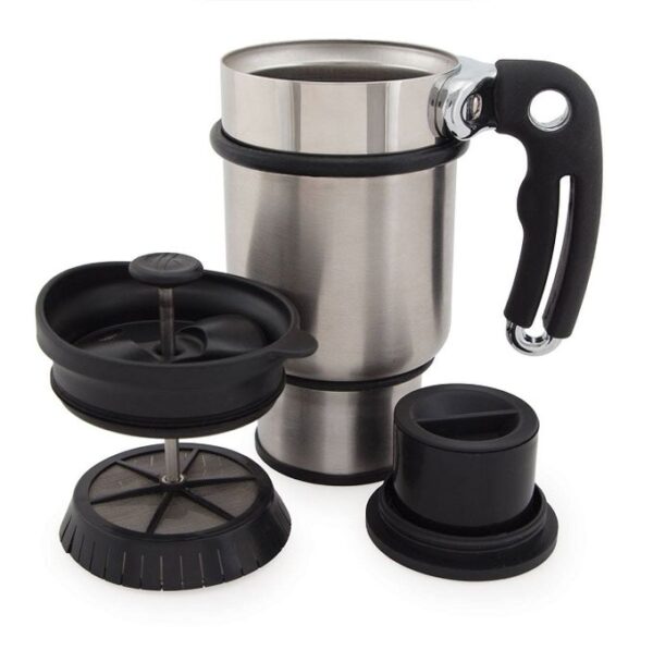 Mug Presse Française de Voyage – Acier Inoxydable 14 oz – Double Filtration – Poignée et 2 Couvercles Inclus Mug Presse Française de Voyage – Acier Inoxydable 14 oz – Double Filtration – Poignée et 2 Couvercles Inclus