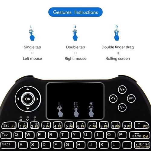 Mini Clavier Sans Fil Rétroéclairé 2.4GHz avec Pavé Tactile – Compatible PC, Smart TV, Android, TV Box – Noir Mini Clavier Sans Fil Rétroéclairé 2.4GHz avec Pavé Tactile – Compatible PC, Smart TV, Android, TV Box – Noir