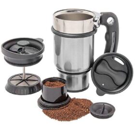 Mug Presse Française de Voyage – Acier Inoxydable 14 oz – Double Filtration – Poignée et 2 Couvercles Inclus