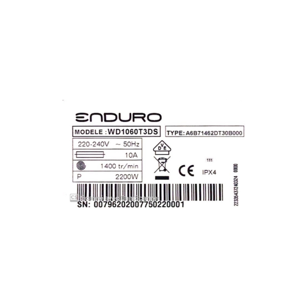 Machine à laver Enduro WD1060T3 - 10kg/6kg Lavante-séchante A Machine à laver Enduro WD1060T3 - 10kg/6kg Lavante-séchante A