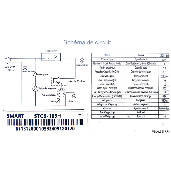 Réfrigérateur combiné Smart Technology STCB-185H - 136L - 2T Réfrigérateur combiné Smart Technology STCB-185H - 136L - 2T