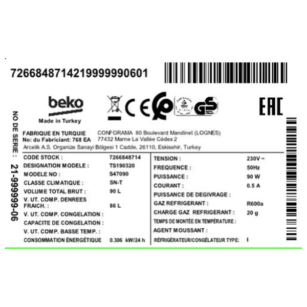 Réfrigérateur bar Beko TS190320 - 90L - A+ Réfrigérateur bar Beko TS190320 - 90L - A+