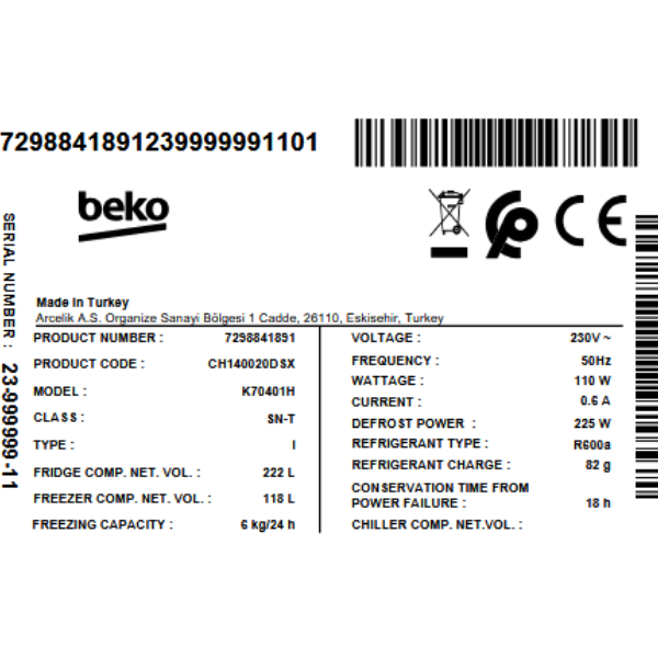 Réfrigérateur combiné Beko CH140020DSX - 340L - MinFrost Réfrigérateur combiné Beko CH140020DSX - 340L - MinFrost