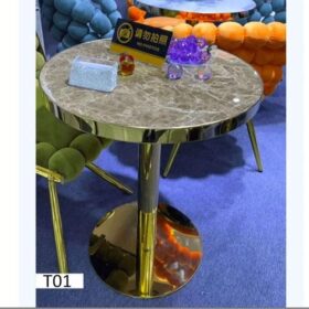 Table Basse Ronde T01 : Plateau Marbre Marron et Pieds Dorés