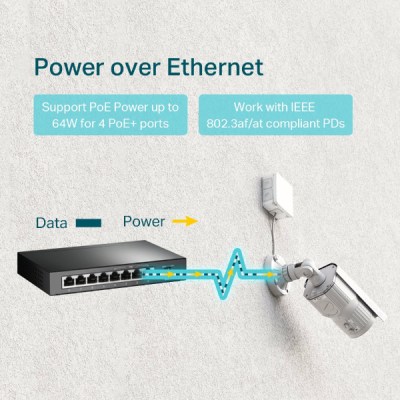 Switch TP-LINK TL-SG1008P– 8 Ports Gigabit 10/100/1000 Mbps, Dont 4 Ports PoE+, Budget 64W, Plug & Play, Boîtier Métal