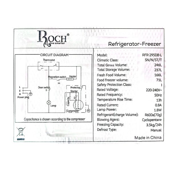 Réfrigérateur combiné congélation bas ROCH RFR-295DB-L  295L - 3T