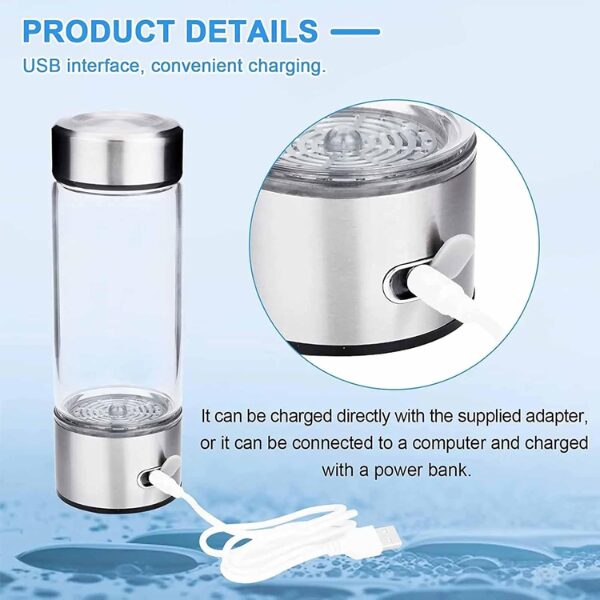 Générateur d’Eau Hydrogénée Portable – Bouteille 420 ml en Verre Borosilicate, USB, Électrolyse Rapide