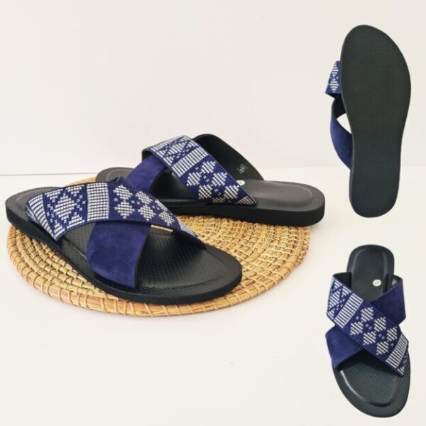 Sandales homme – talon cuir noir, daim bleu & pagne tissé – Pointures 45 et 42