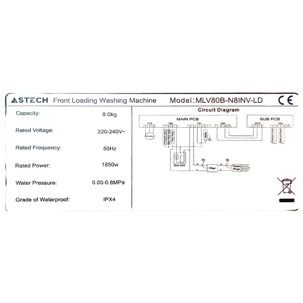 Machine à laver Astech MLV80B-N8INV-LC - 8kg (Inverter) Machine à laver Astech MLV80B-N8INV-LC - 8kg (Inverter)