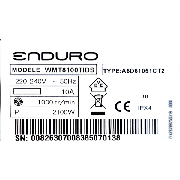 Machine à laver Enduro WMT8100TIDS- 8Kg Machine à laver Enduro WMT8100TIDS- 8Kg