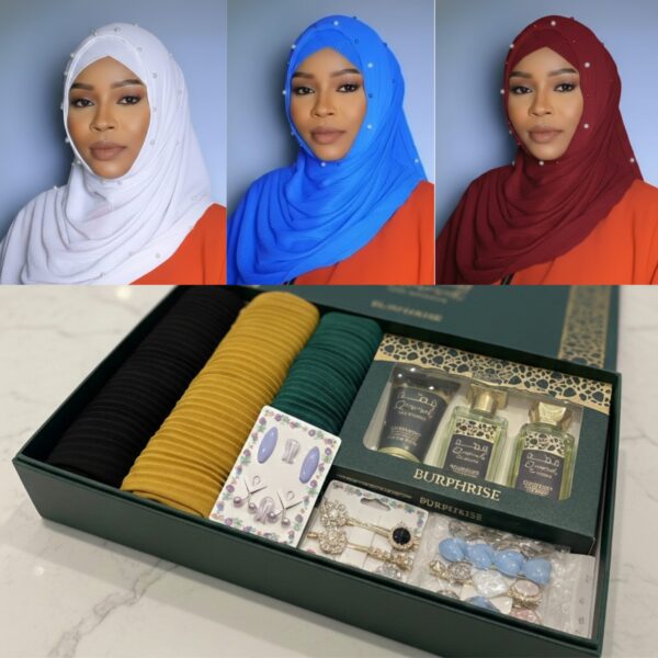 Coffret Hijab de Luxe – Voiles Plissés, Bonnets assortis & Accessoires exclusifs