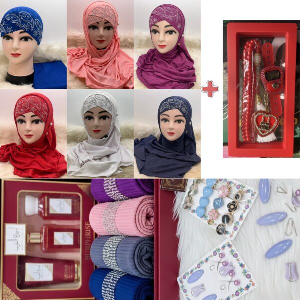 Coffret hijab de Luxe : 6 Voiles Plissés avec Bonnets assortis Perlés, Coffret Produits Parfumés Envoûtant & Accessoires Exclusifs Coffret hijab de Luxe : 6 Voiles Plissés avec Bonnets assortis Perlés, Coffret Produits Parfumés Envoûtant & Accessoires Exclusifs