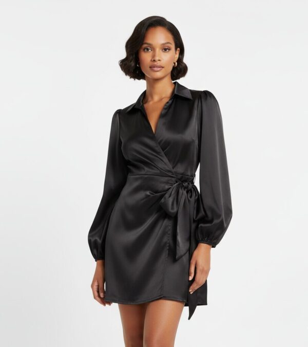 Robe Noire Drapée en Satin – Taille 32 – Fini Soyeux & Détail Glamour