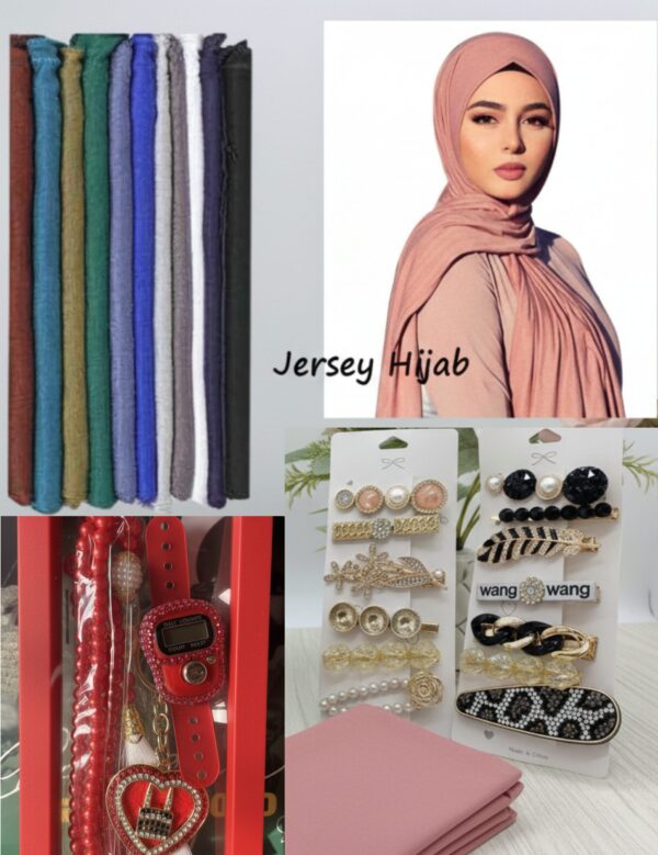 Pack Hijab : 3 Voiles jersey 1m90 + Collection d’Épingles & Barrettes à Voile + Boîte chapelet