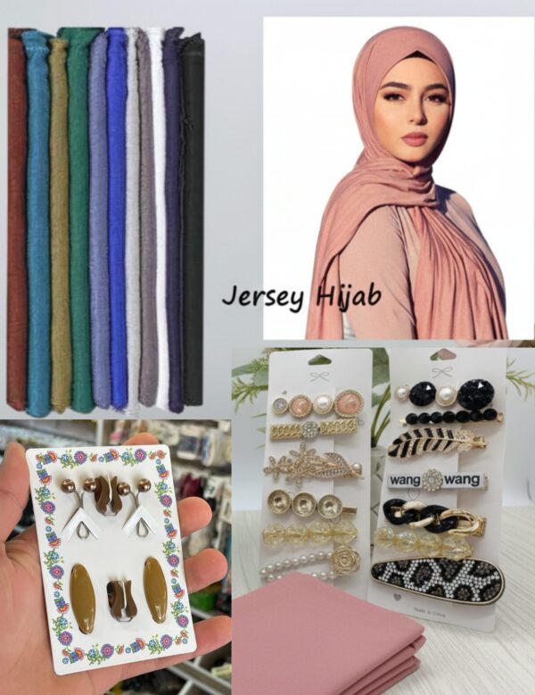 Pack Hijab : 12 Voiles jersey 1m90 + Collection d’Épingles & Barrettes à Voile