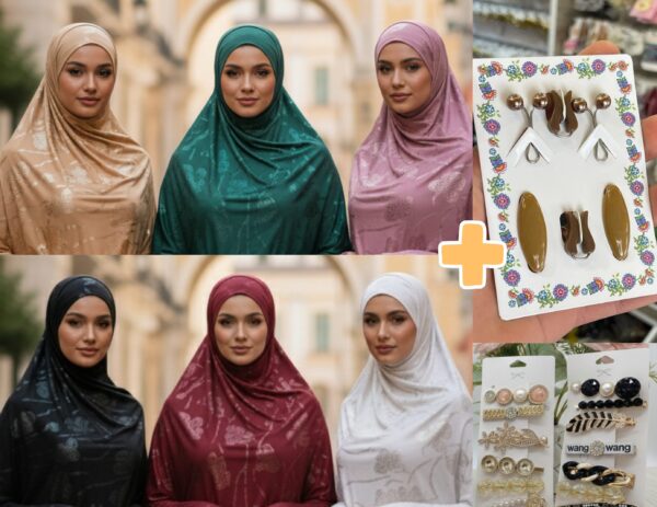 Pack hijab de Luxe : 3 Voiles à motif floral + Collection d'Épingles & Barrettes à Voile Pack hijab de Luxe : 3 Voiles à motif floral + Collection d'Épingles & Barrettes à Voile