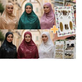 Pack hijab de Luxe : 3 Voiles à motif floral + Collection d'Épingles & Barrettes à Voile