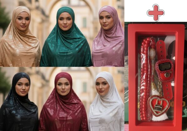 Pack Hijab de Luxe : 3 Voiles à motif floral + Boîte chapelet