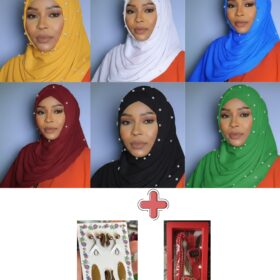 Pack Hijab : 6 Voiles Plissés avec Bonnets assortis + Collection d’Épingles & Barrettes + Boîte chapelet