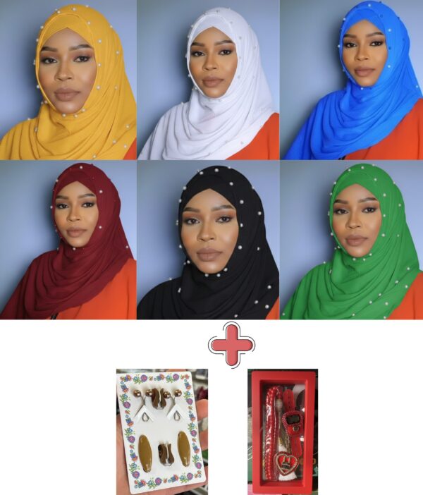Pack Hijab : 6 Voiles Plissés avec Bonnets assortis + Collection d’Épingles & Barrettes + Boîte chapelet