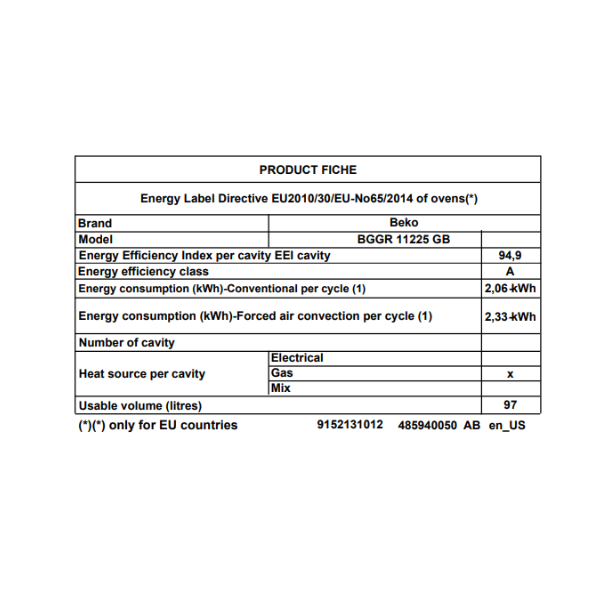 Cuisinière à gaz Beko BGGR11225GB-5 Feux (90x60) (avec ventilation ) Cuisinière à gaz Beko BGGR11225GB-5 Feux (90x60) (avec ventilation )