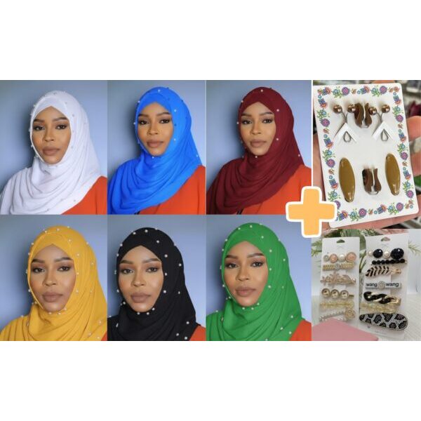 Pack Hijab : 6 Voiles Plissés avec Bonnets assortis + Collection d’Épingles & Barrettes à Voile