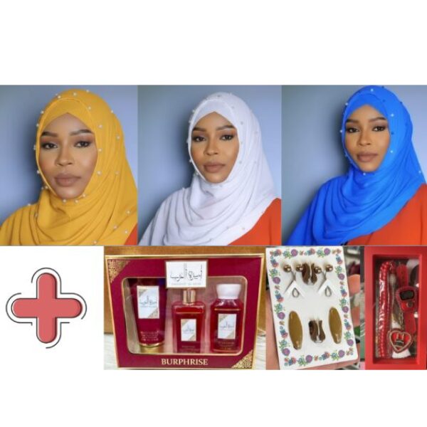 Pack Hijab de Luxe : 3 Voiles Plissés avec Bonnets assortis + Coffret parfumé + Épingles & Barrettes + Boîte chapelet