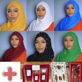 Pack Hijab de Luxe : 6 Voiles Plissés avec Bonnets assortis + Coffret parfumé + Épingles & Barrettes + Boîte chapelet