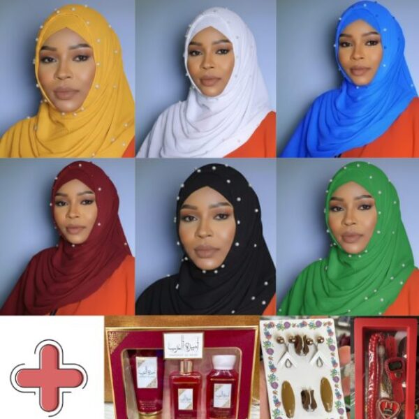 Pack Hijab de Luxe : 6 Voiles Plissés avec Bonnets assortis + Coffret parfumé + Épingles & Barrettes + Boîte chapelet