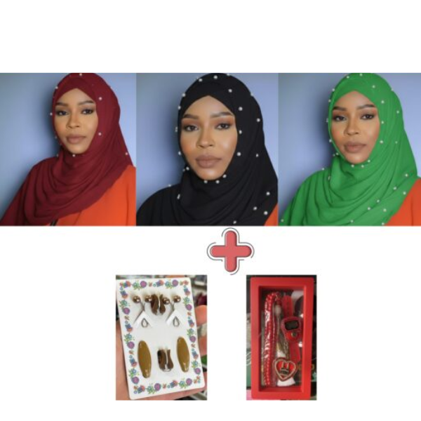 Pack Hijab : 3 Voiles Plissés avec Bonnets assortis + Collection d’Épingles & Barrettes + Boîte chapelet