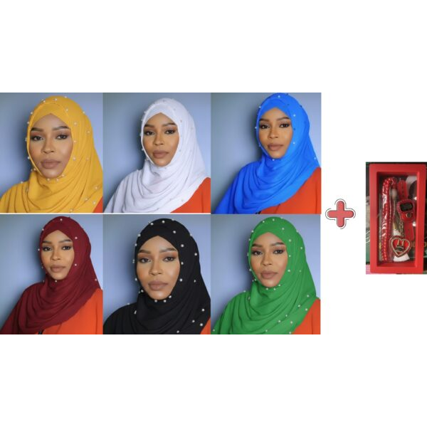 Pack Hijab : 3 Voiles Plissés avec Bonnets assortis + Boîte chapelet