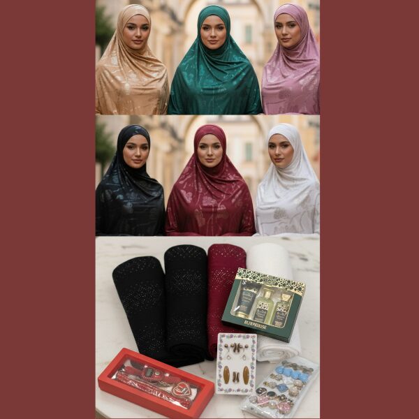 Pack Hijab de Luxe : 3 Voiles à motif floral + Coffret parfumé + Épingles & Barrettes + Boîte chapelet
