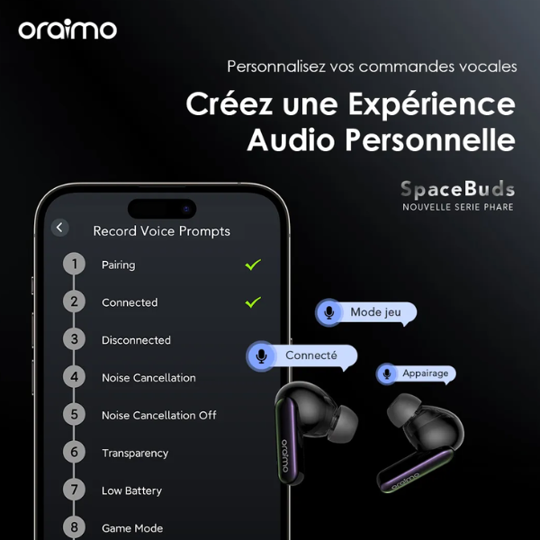 Écouteurs Bluetooth Oraimo SpaceBuds  -  avec Réduction de Bruit Active, Autonomie 40h