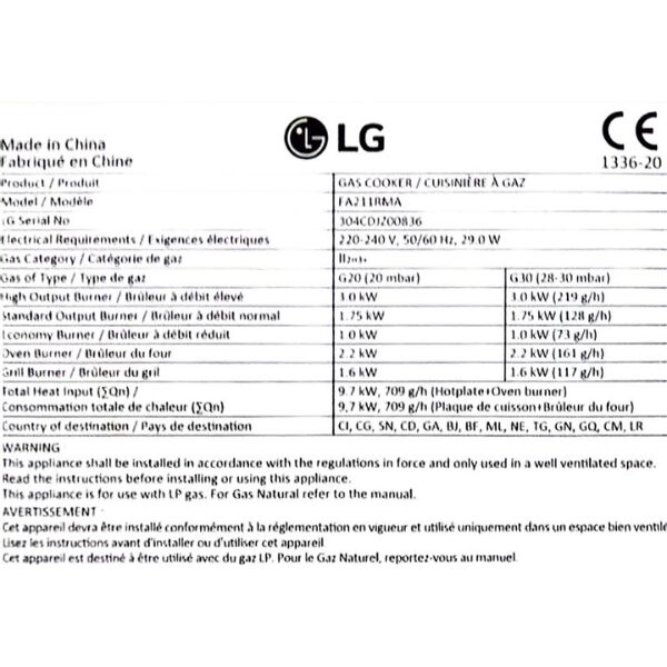Cuisinière à gaz LG FA211RMA 60x60 - 4 feux