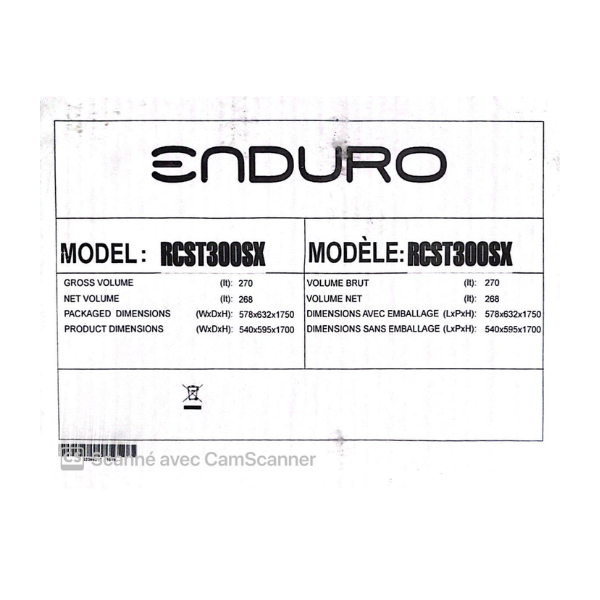 Réfrigérateur combiné Enduro RCST300SX - 270L- 3 Tiroirs