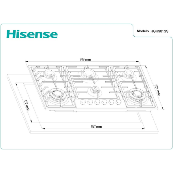 Plaque de cuisson encastrable à gaz Hisense HGH951SS01 - 5feux ( 90cm )