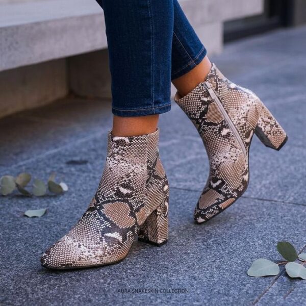 Bottines Femme Aura Snakeskin - Effet Peau de Serpent - Talon Carré Confortable - Beige et Marron - LES TAILLES DISPONIBLE SONT ; 37, 38, 39, 41