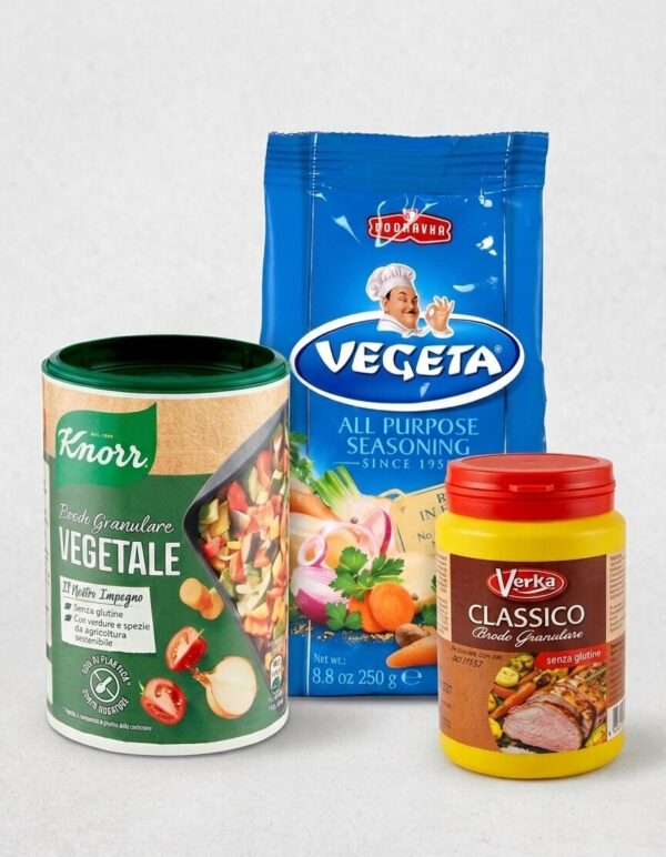 Trio d'assaisonnements granulaires — Knorr (bouillon légumes), Vegeta (tout-usage), Verka (bouillon poulet)