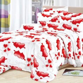 Drap plat 3 pièces 100% coton – 240 x 250 cm + 2 taies 50 x 70 cm – Blanc/Rouge (ne déteint pas)