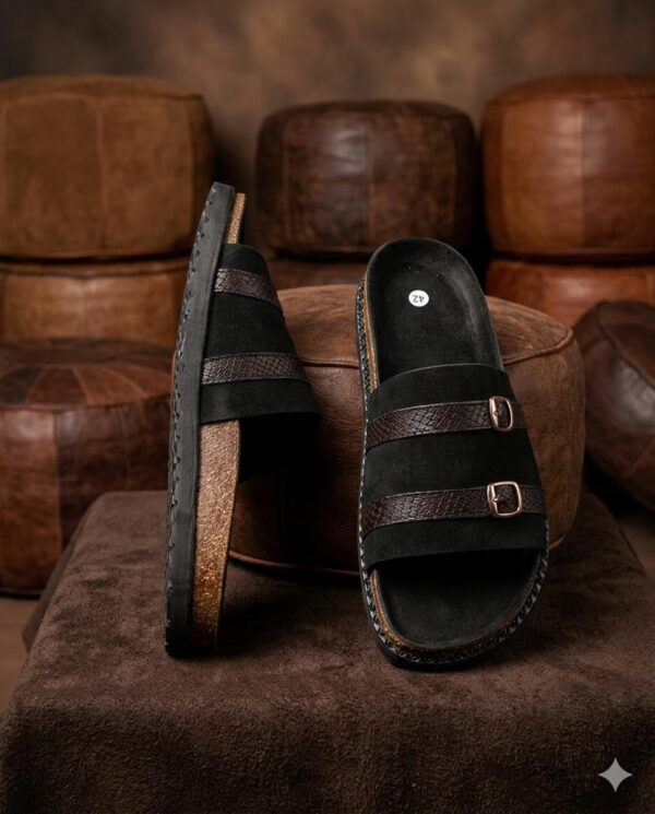 Sandale artisanale homme Noir Cuir Daim Poiture 44