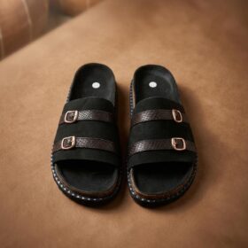 Sandale artisanale homme Noir Cuir Daim Poiture 44 – Image 3