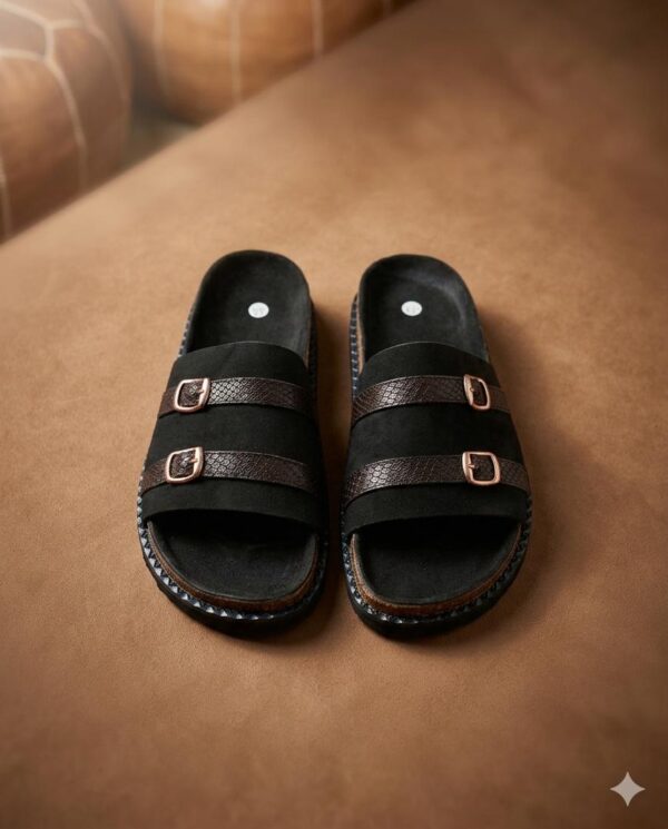 Sandale artisanale homme Noir Cuir Daim Poiture 44