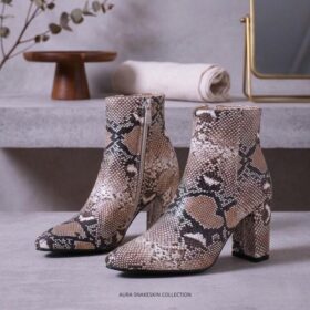 Bottines Femme Aura Snakeskin - Effet Peau de Serpent - Talon Carré Confortable - Beige et Marron - LES TAILLES DISPONIBLE SONT ; 37, 38, 39, 41