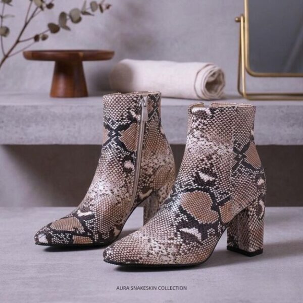 Bottines Femme Aura Snakeskin - Effet Peau de Serpent - Talon Carré Confortable - Beige et Marron - LES TAILLES DISPONIBLE SONT ; 37, 38, 39, 41