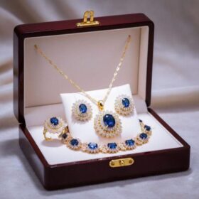 Parure de Bijoux Luxe Femme - Plaqué Or 24K et Cristal Saphir Bleu