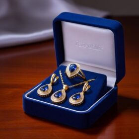 Parure Royale Femme - Plaqué Or 24 Carats - Cristal Bleu Saphir - 4 Pièces
