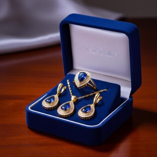Parure Royale Femme - Plaqué Or 24 Carats - Cristal Bleu Saphir - 4 Pièces Parure Royale Femme - Plaqué Or 24 Carats - Cristal Bleu Saphir - 4 Pièces